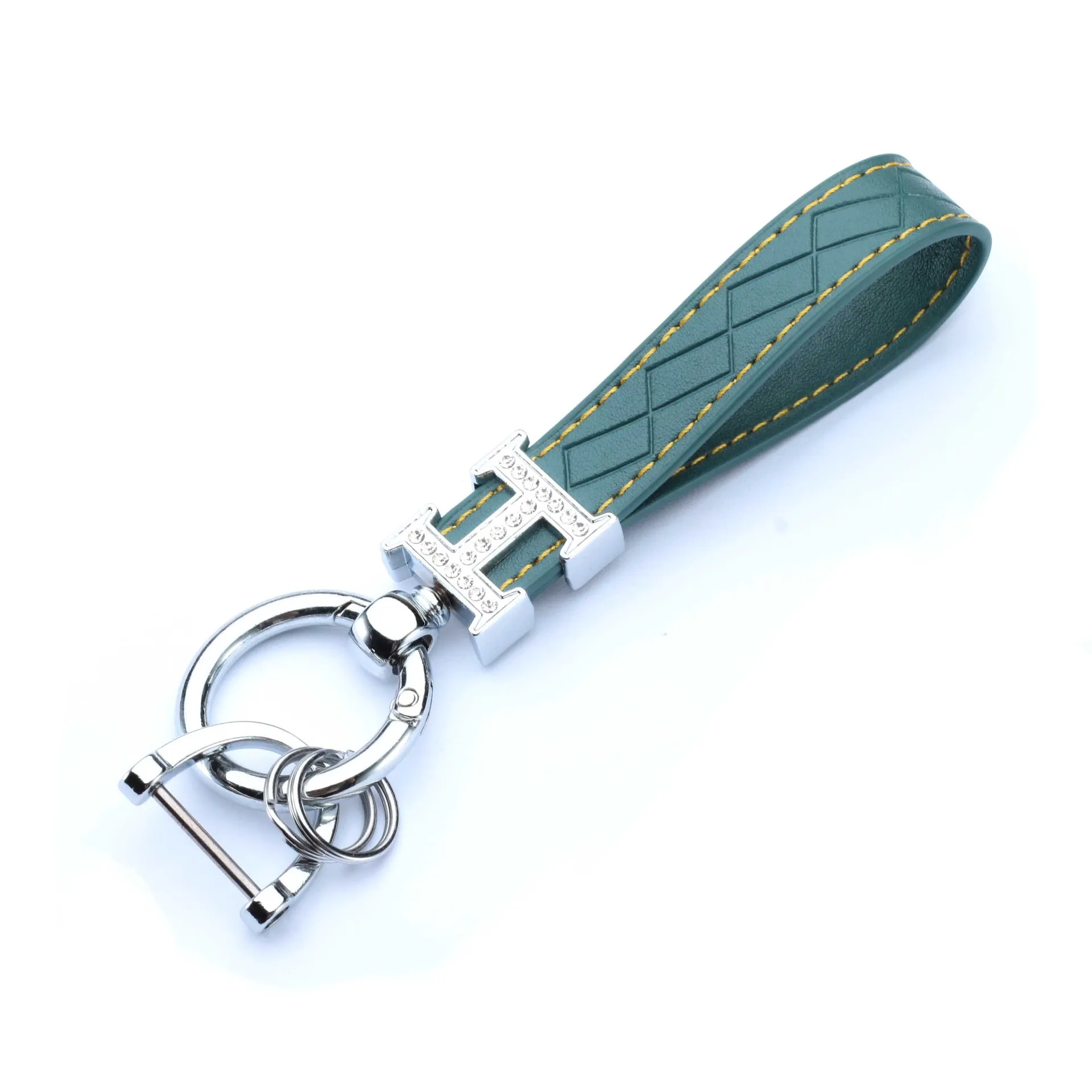 2022 New Style Crystal Inlay Letter H Clip Keychains Metal Key Ring PU Leather Spring Embossing Key Chains For Car For Promotion
