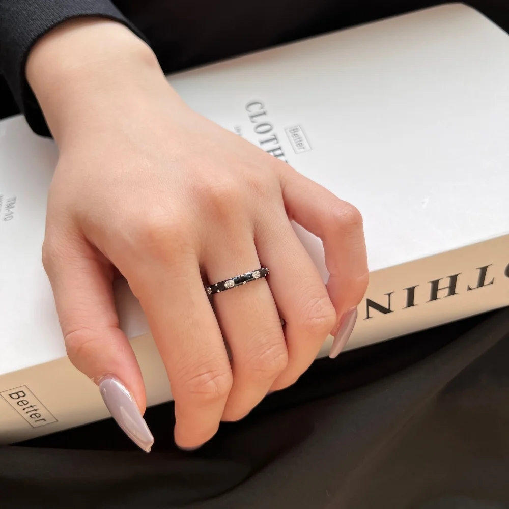 Dylam Stylish 925 Sterling Silver Non Tarnish Rhodium Plated 5A Zirconia Jewelry Black Enamel Diamond Jewellery Rings for Women