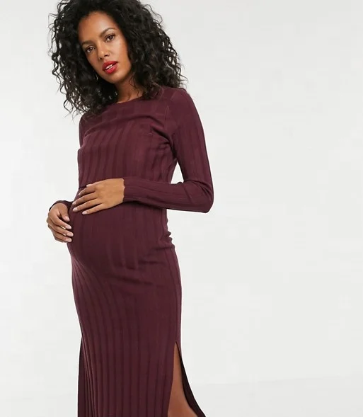 2021 New Design Wholesale Pregnant Women Round Neck Bodycon Fit Maternity Nursing Knit Ribbed Dress
