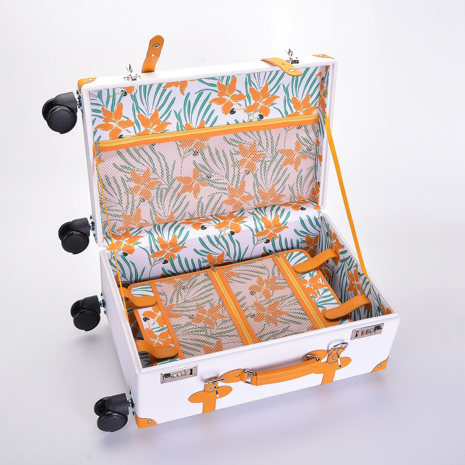 2024 Unisex Customized PU Leather Luxury Suitcase Handmade 4 Spinner Wheels Light Weight Luggage Bag Stylish Suit Case Sets