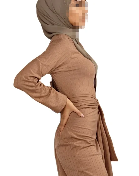 Robe Femme Tie Waist Maxi Dress With Belt Islamic Muslim Clothing Soft Smooth Modern Long Sleeve Dress Muslim Girl For Outd