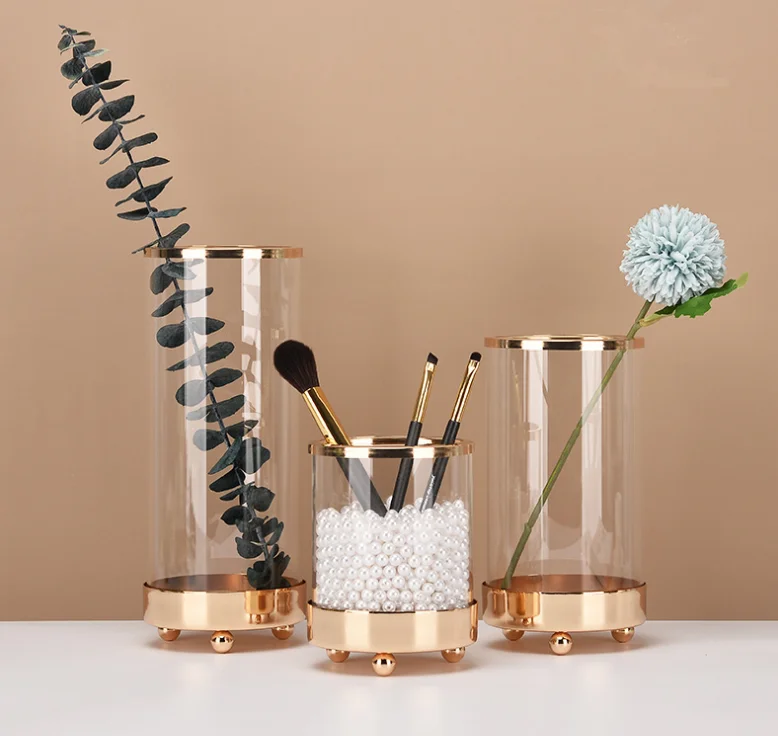 
wholesale indoor home decorative clear design metal flower glass flower vase desktop decor 