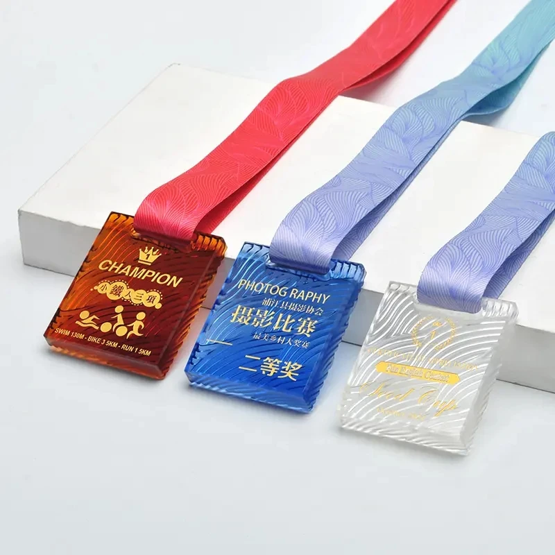 Jadevertu Personalized UV Printing Crystal Glass Medals Custom Sports Souvenir Medal With Ribbon
