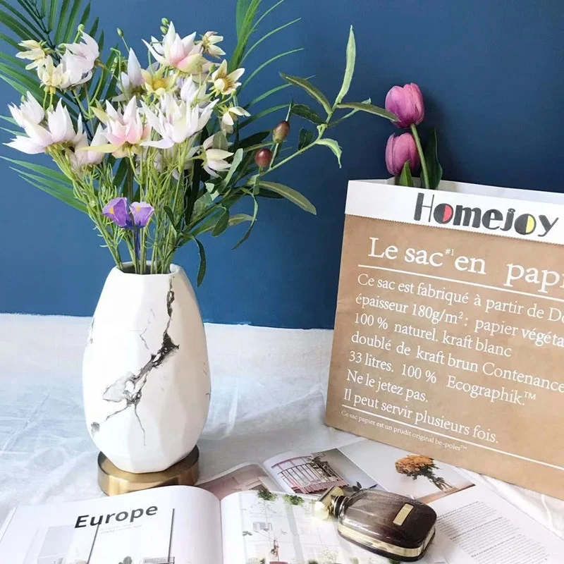 Northern Europe style household decoration luxury home accessories white ceramic handcrafted ornaments nordic vase metal base