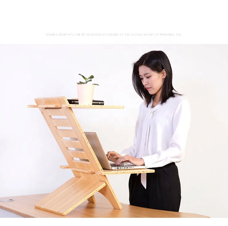 Bamboo Sit stand Desk Height Adjustable Stand Up Desk Converter Workstation