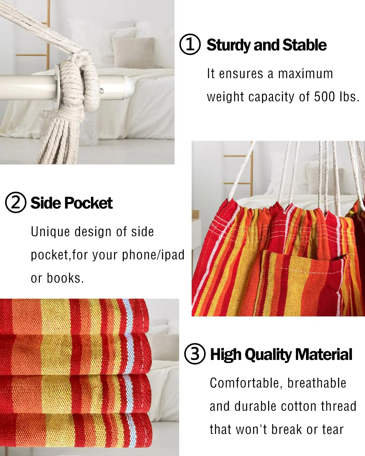 Factory Direct Hanging Hammock Chair Rope Swing With anti-slip ring - for indoor/outdoor use