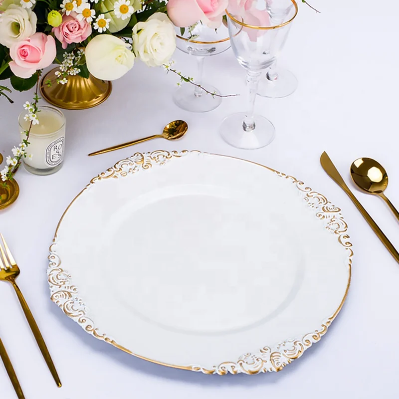 
deco antique elegant wedding light blue charger plate white luxury vintage rounds table rose gold trim plate charger for event 