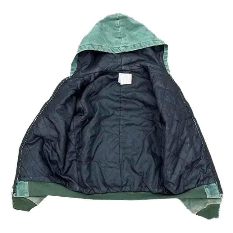 Custom Wash Heavy Duck French Terry  Work Jacket With Lined Vintage Faded Worker Hooded Jacket Zip Up Hoodie