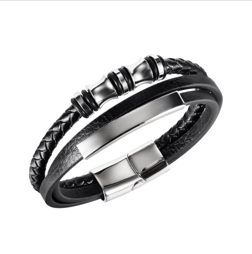 
sliver Retro punk trend magnetic buckle bracelet European and American braided stainless steel leather rope 
