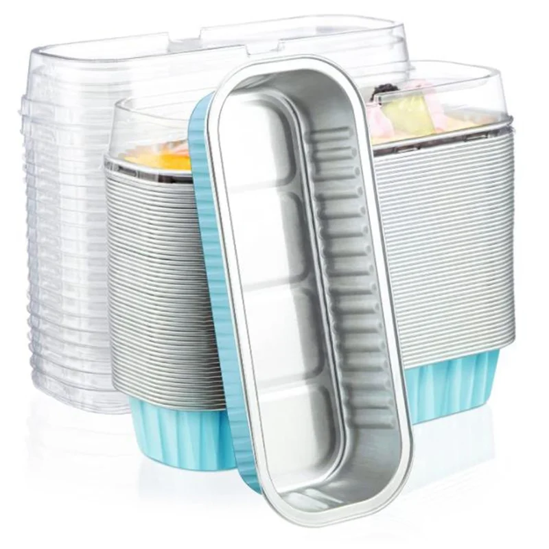 6.8oz Rectangle Aluminum Foil Baking Cups Mini Cake Pans with Lids and Sproks Mini Loaf Pans For Cake Cheesecake Container