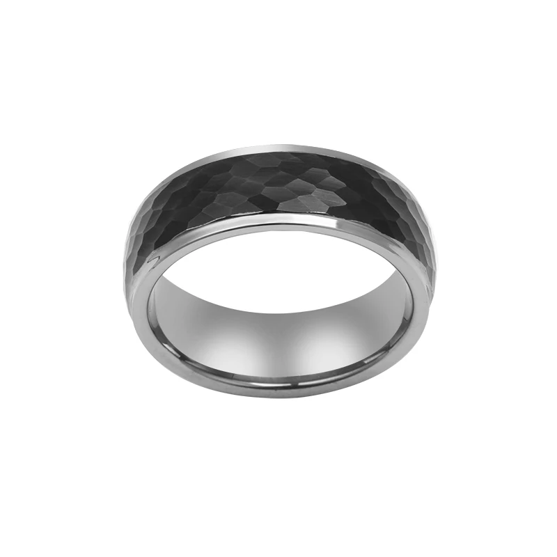 8MM Black Hammered Center Silver Tungsten Carbide Ring with Stepped Edges Titanium Bands