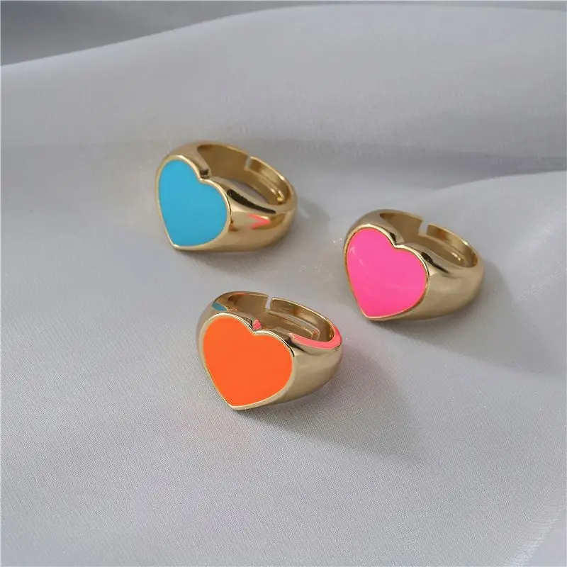 Women 18K Gold Plated Ring Heart Shape Plain Enamel Ring Handmade Enamel Heart Signet Ring