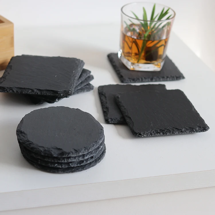 Factory custom set of 4pcs laser engraved slate drink coasters set slate coasters bulk with brown box