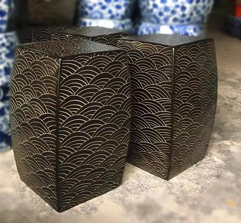 Hand Carved Ceramic Blue Dressing Stool Porcelain Shoes Changing Stool Square Ceramic Stools