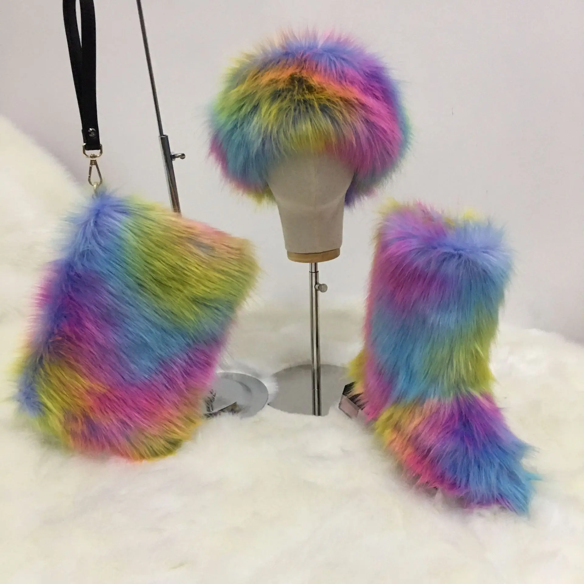 MOQ 1 free gifts Wholesale custom logo winter colorful faux fox fur women girls snow boots matching purse and headband boots