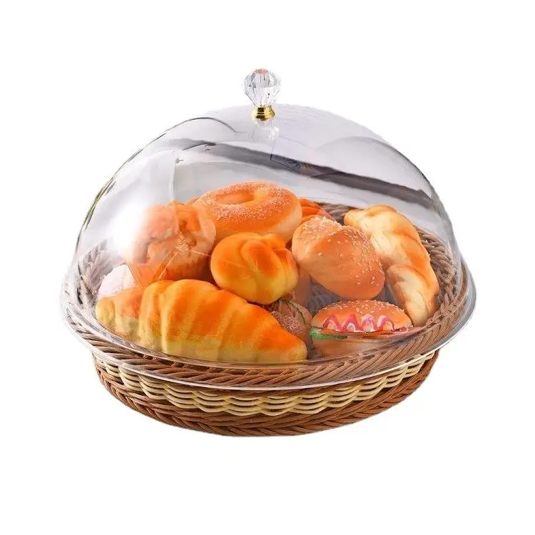 Desk Bread Organizer Basket Tray Stackable Kitchen Woven Japanese Style Hollow Fruit Plastic  PP Rattan Storage Baskets with Lid