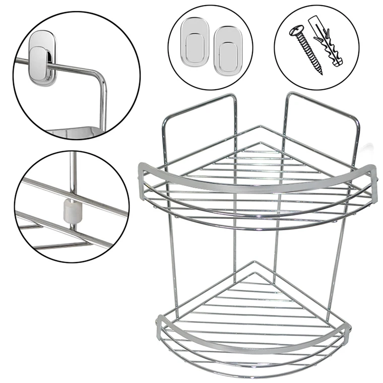 2 layers Metal Wire Shelving Rack Bathroom Wall Mountable Corner hanging storage basket Wall Shelf