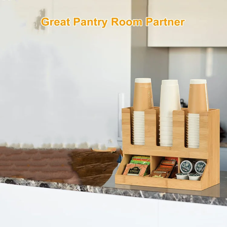 High quality natural wood Bamboo coffee station organizer 6 Compartments Condiment Rack