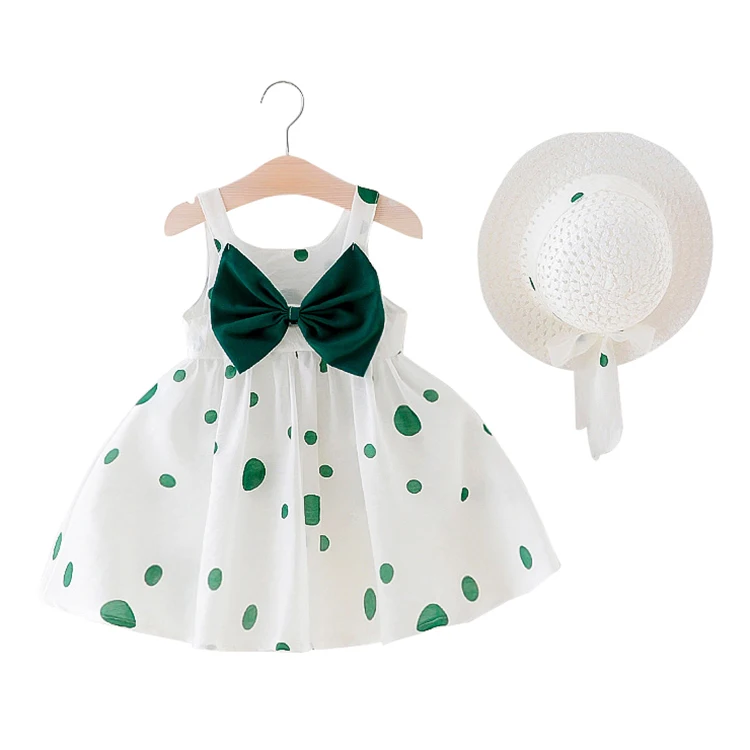 
Summer cute dot big bow sleeveless A-Line cotton infant toddlers clothing girls dresses with hat 