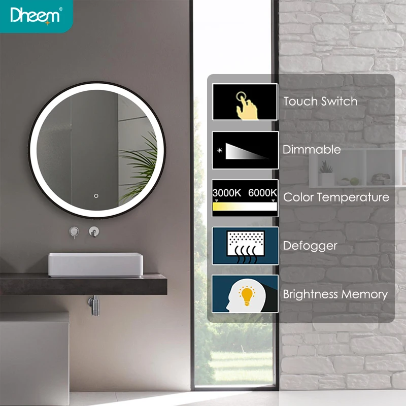 
DHEEM Modern Round Wall Mounted Bathroom Framed LED Mirror 
