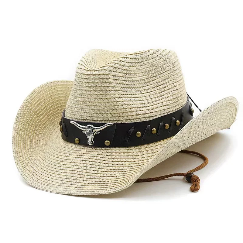 Promotional Custom Logo Straw Cowboy Cowgirl Hat for Men Women Adjustable Sombrero Sun Hat with Chin Strap