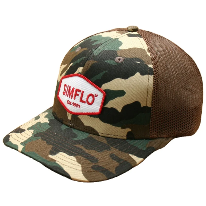 Custom curve brim cap sun protection richardson 112 style duck green camo mesh snapback trucker hat with woven/leather patch