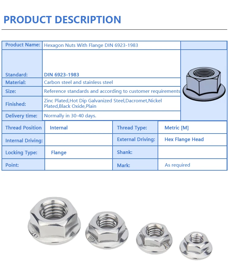 Factory Outlet All Size DIN6923 Stainless Steel Serrated/Collared Flange Hex Nuts