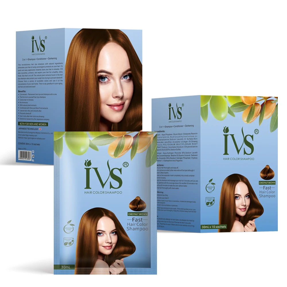 IVS OEM In Stock Daily Use Professional No Side Effect Without Ammonia Dark Brown Hair Color Shampoo 30ml Sachet Hair Color