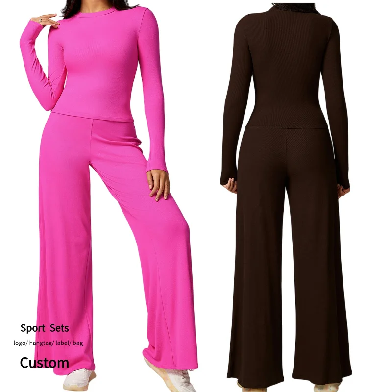 Wholesale Ribbed Sport Sets Loose Casual Pants Slim Long Sleeve T Shirts Sets Gym Clothing For Women Sports Sets