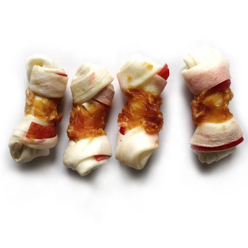 White rawhide twist knotted bone dental chews dog snacks chicken flavored dry dog treats