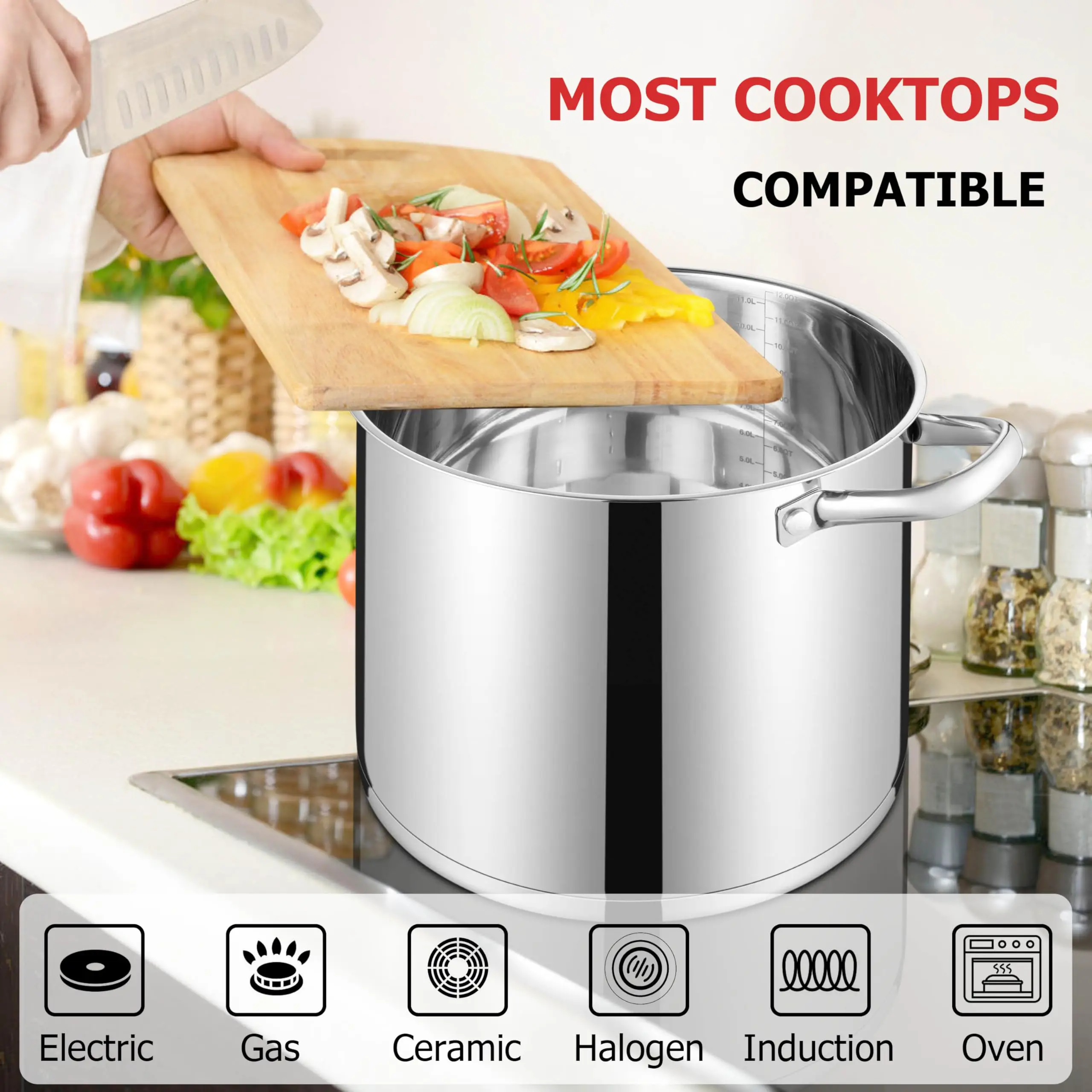 12QT Cooking Pot Heavy Weight Solid Triple-Layer Base Stainless Steel Casserole Soup Pot Stock Pots with Handle Glass Lid