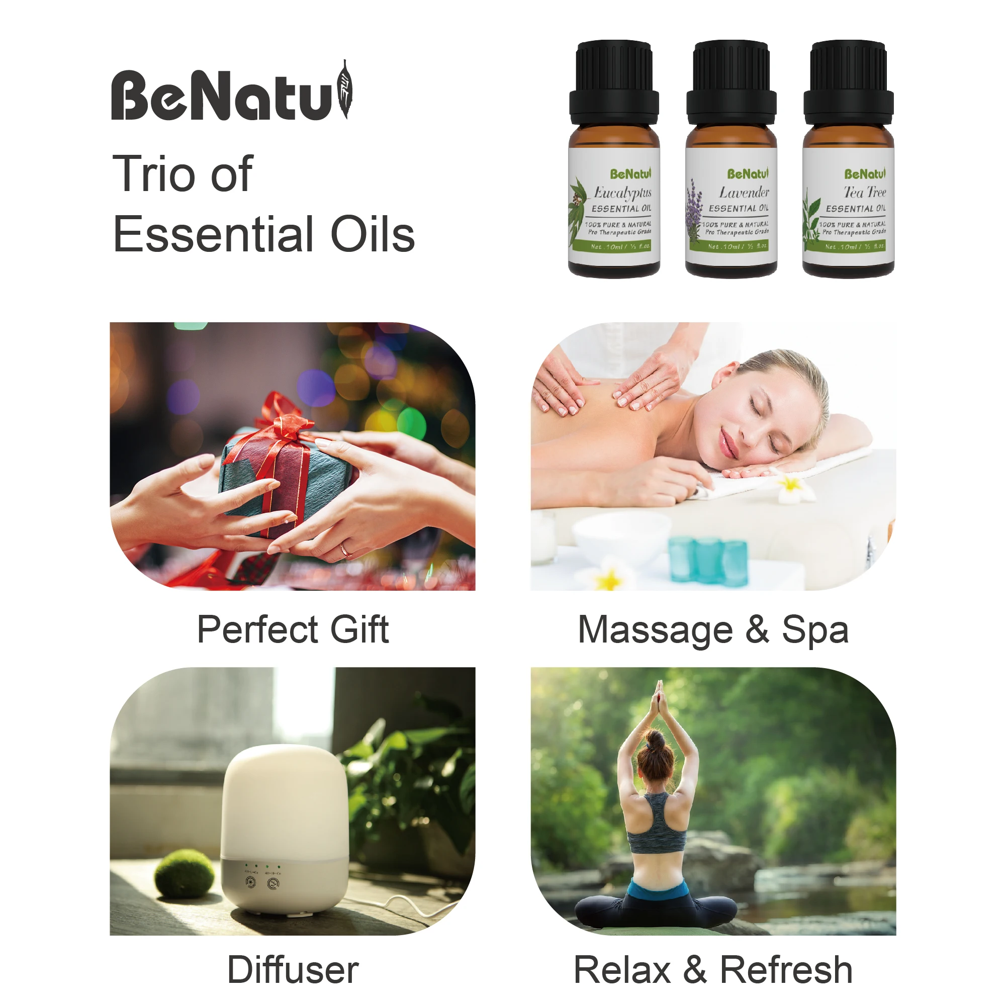 Benatu Trio of Essential Oils (Lavneder/Tea Tree/Eucalyptus) 3*10ML LOW MOQ BEST CHOICE FOR TESTING MARKETS