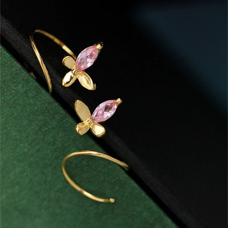 Hot selling sweet ladies jewelry spiral 925 sterling silver hoop pink zircon butterfly earrings