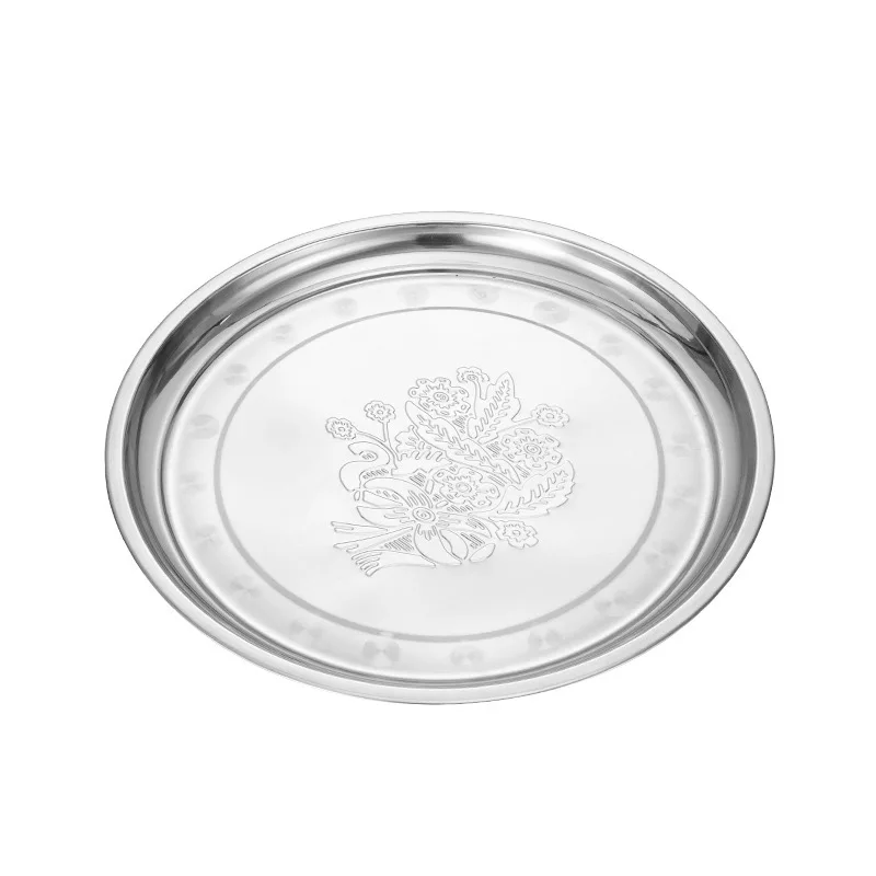 Wholesale price SS410 stainless steel Arab flower plate round pattern dinner food fruit plate serving tray