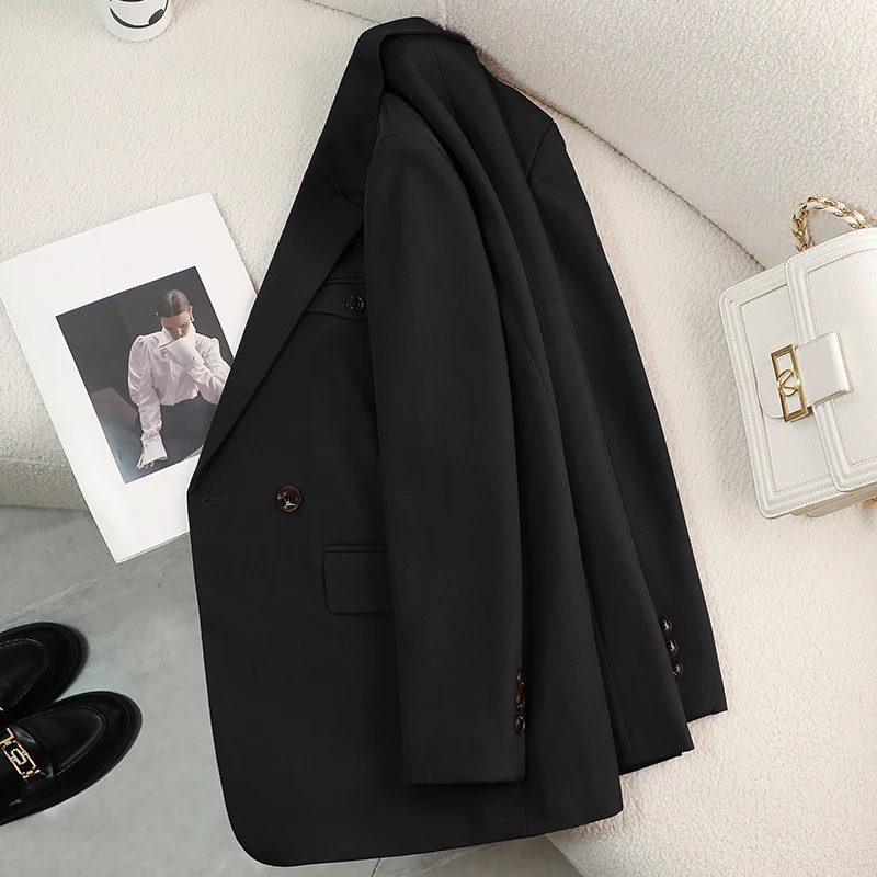 2024 New Little Man Burgundy Casual Suit Jacket Women High Sensitivity Korean Slim Double Breasted Button Long Spring Autumn