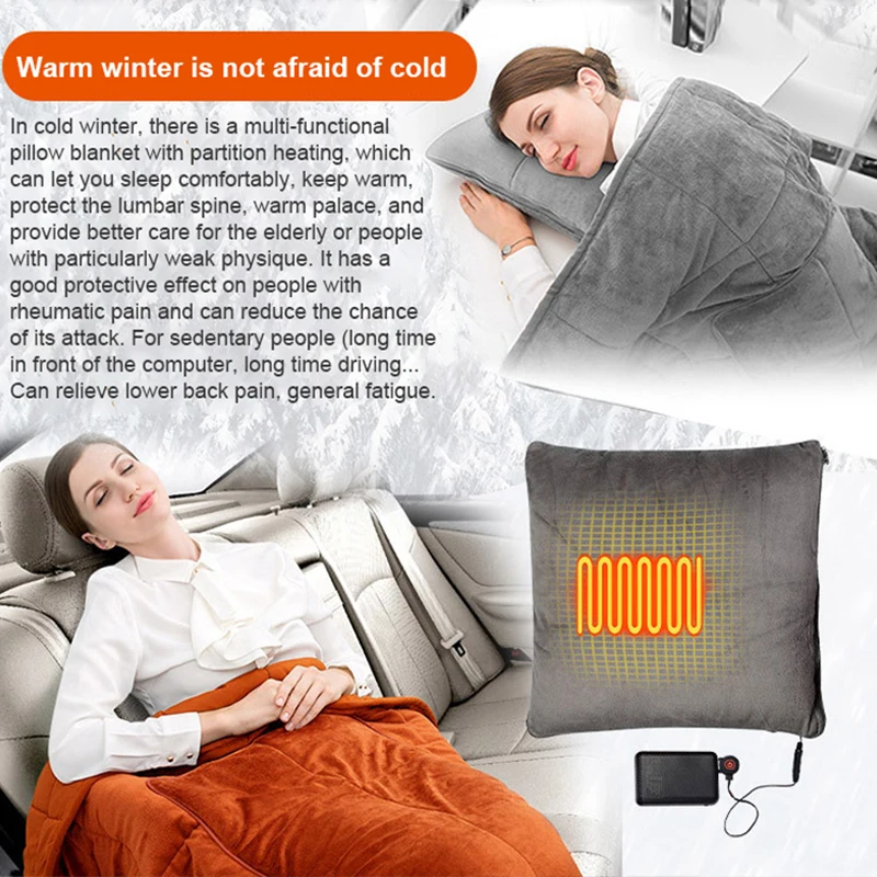 2 In 1 Battery Operated Blanket Pillow Car Camping Portable USB Heated Blanket