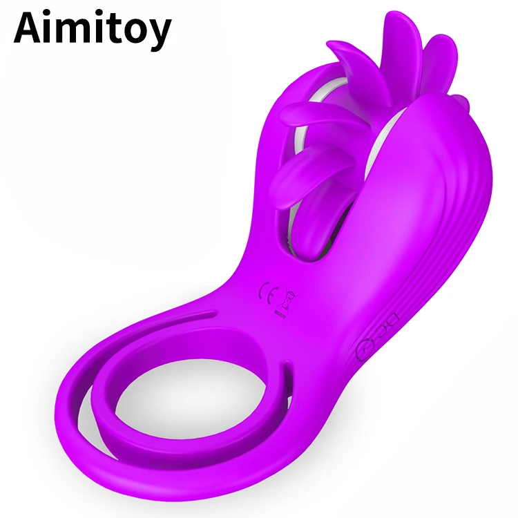 Aimitoy Tongue Licking Clitoris Scroll Vibration Double Penis Rings Soft Silicone Vibrating Cock Ring With Clitoral Stimulator
