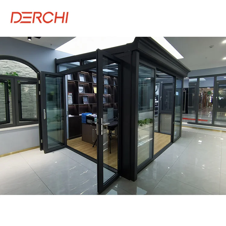 DERCHI Factory Burglar proof glass patio balcony outdoor Hurricane impact aluminium folding door with retractable insect net