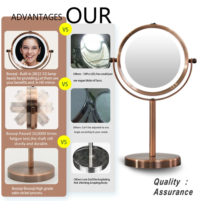 quality customized round led smart makeup mirror desk Adjustable metal Stand table led lighted vanity makeup mirror with lights
