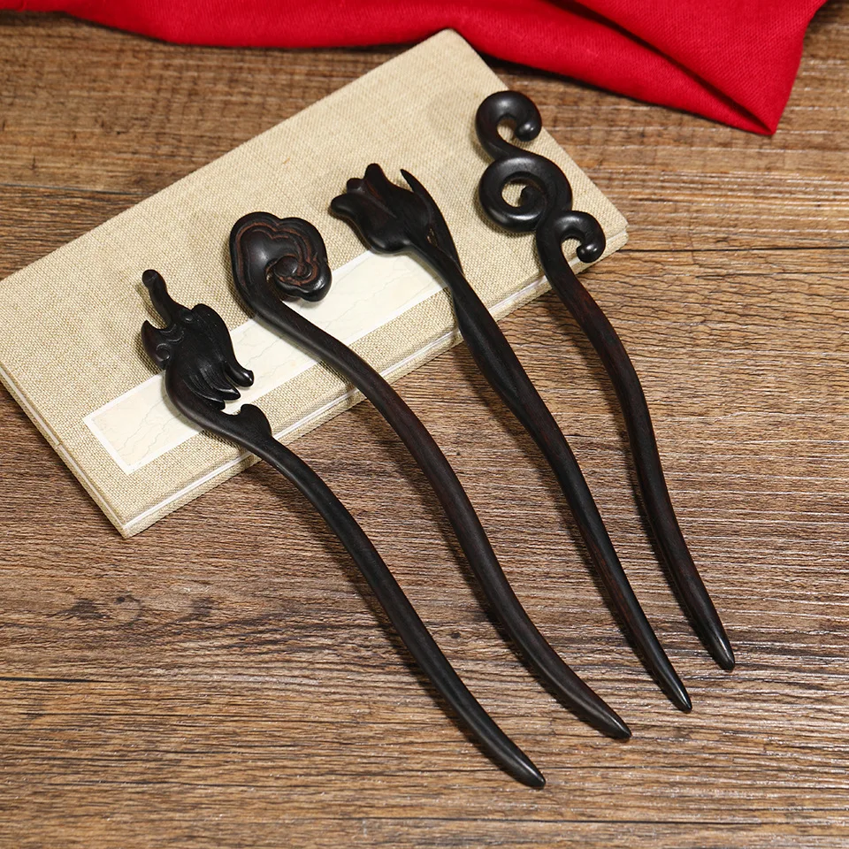 Vintage Retro Chinese Black Wooden Sandalwood Carved Long Horn Fork Pen Hairpin Wood Chopsticks Hair Sticks Pins Picks for Women