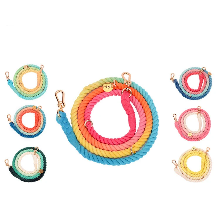 
Wholesales Stock Bulk Full Coloring Hands Free Pink Braided Nylon Rope Dog Leash With Gold Metal Chain Rope Collar Sets For Pets 