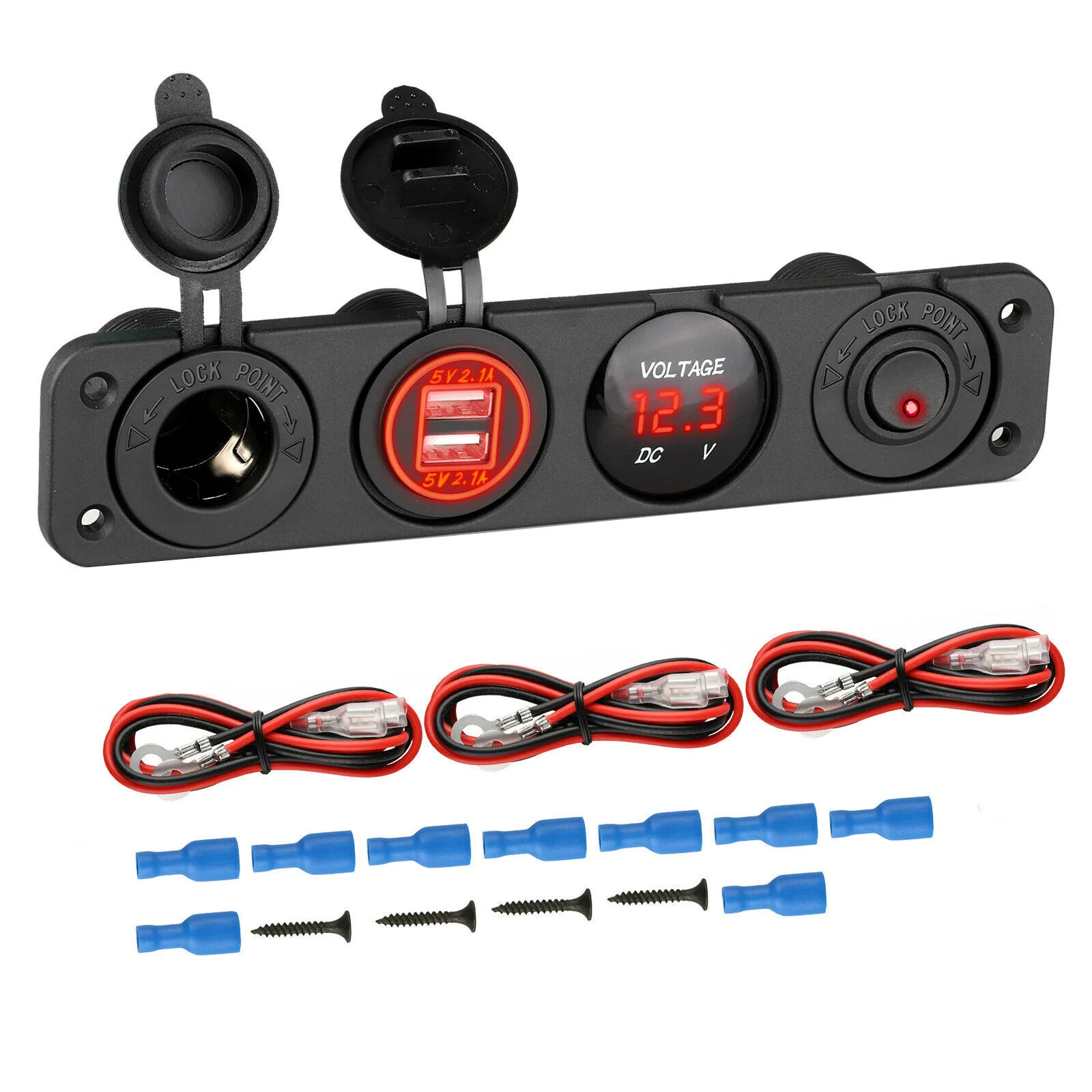 Waterproof LED Voltmeter Cigarette Lighter Socket Splitter Toggle Switch usb charger panel for cars boat Marine RV Golf Cart ATV