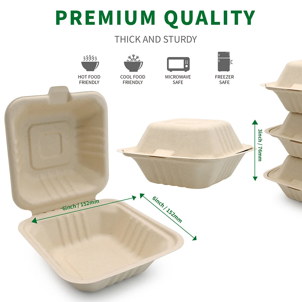 Eco Friendly Restaurant Biodegradable Takeaway Box Packaging Bagasse Clamshell Box Hinged Food Container Sugarcane Box