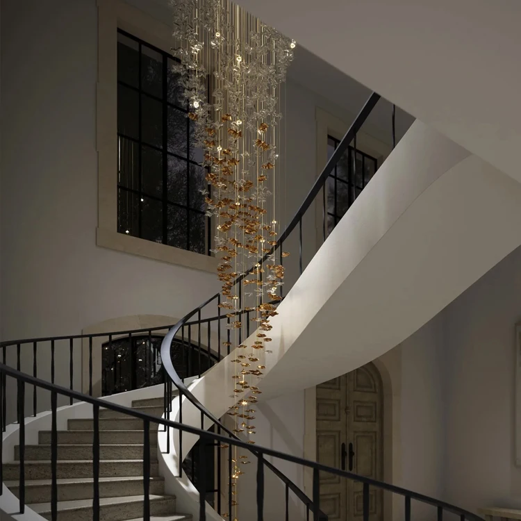 modern large gold Leaf glass led stair chandelier for dining room living room hotel hanging light luxury crystal pendant light