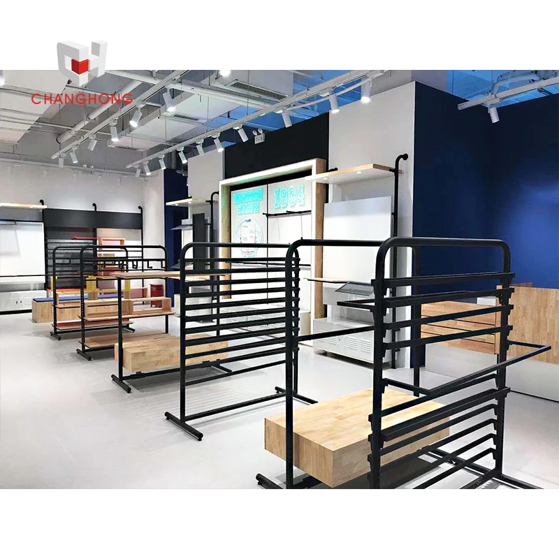 Shop fitting commercial clothes shop interior retail metal clothing store display fixtures and wall hangers for garment display