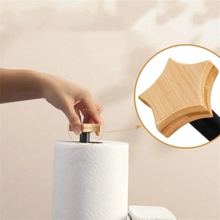2-in-1 Paper Towel Holder Countertop Napkin Rack Kitchen Rolls Holder Stand with Wood Base