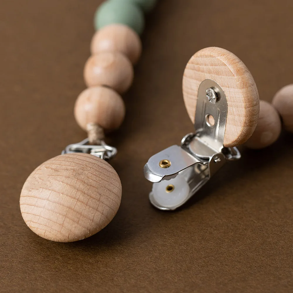 Hot Selling Printable Beech Wood and Silicone Beads Pacifier Clips Chewable Dummy Teether Case Holder Baby Pacifier Chain Clips