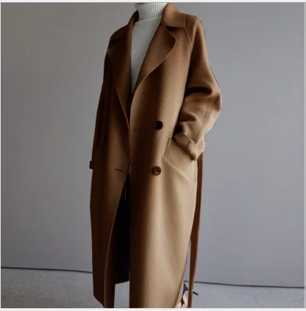 
Women Wide Lapel Belt Pocket Wool Blend Coat Oversize Long Trench Coat Outwear Wool Coat Women 
