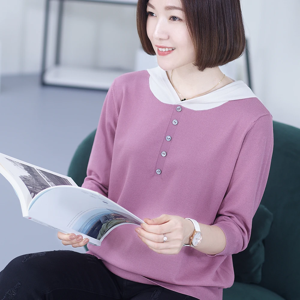 
2021 fashion new pure cashmere knitted hooded solid color new ladies loose bottoming shirt 