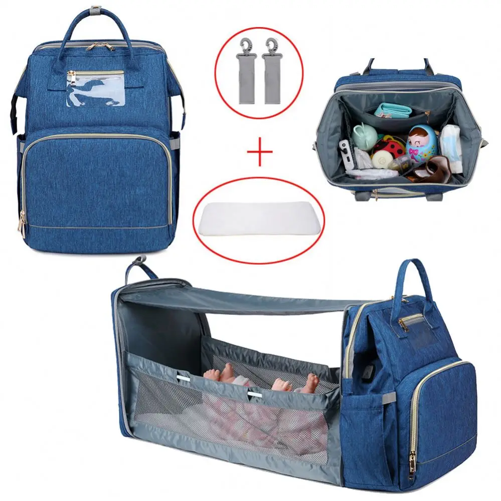 
2021 latest black portable USB outdoor changing set baby bags mummy baby travel bed diaper bag with sunshade for mother 